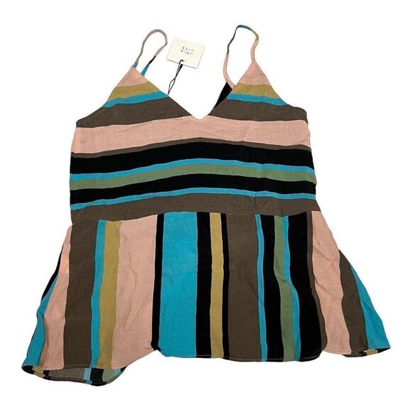 Zara Top Womens XS Brown‎ Stripe Tank Plunge Pink Blue Faux Wrap Plunge V Neck - Picture 11 of 11